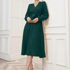 Green Belted Wrap Dress with Bishop Sleeves Surplice Neck High Waist & Flared Hem Midi Length