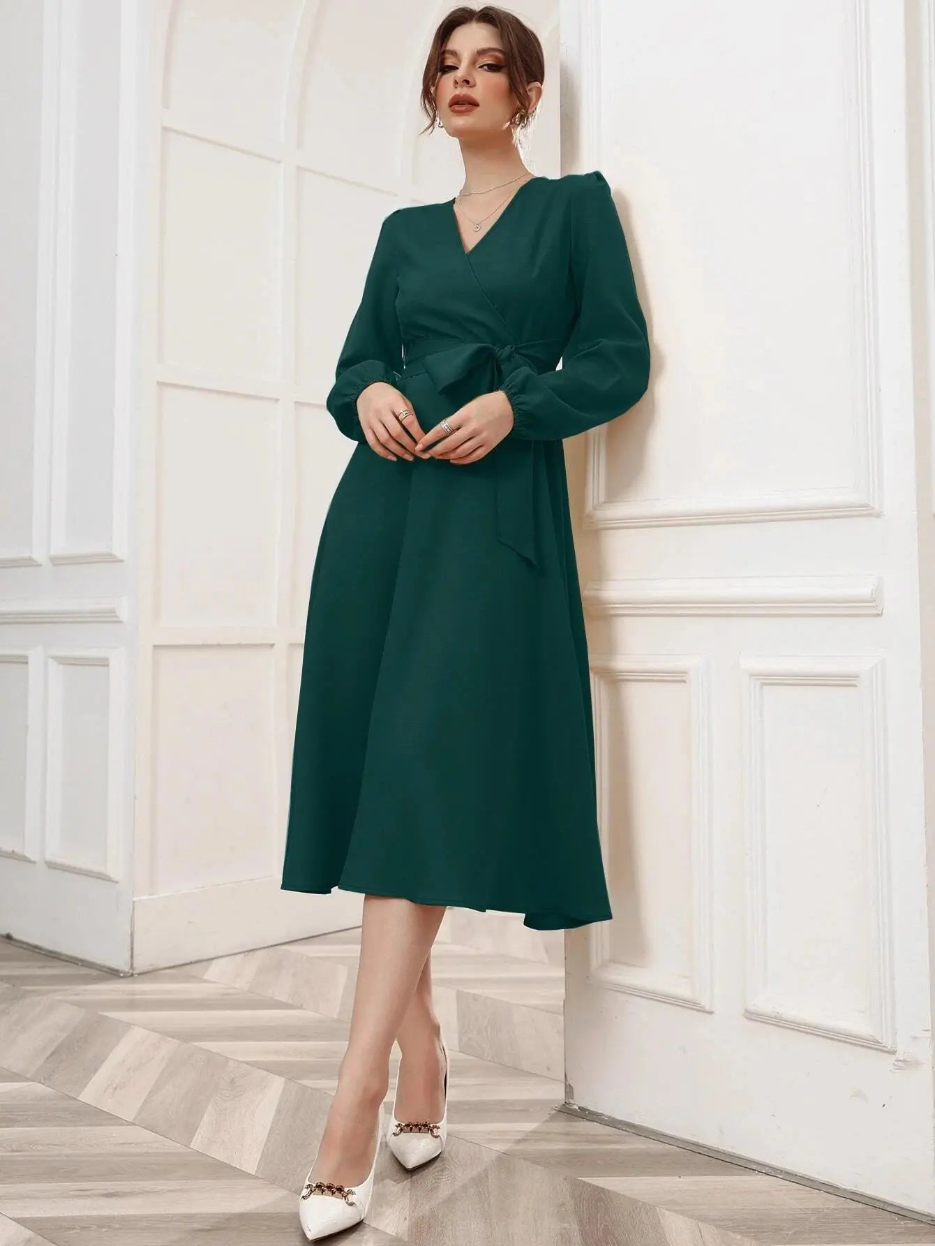 Green Belted Wrap Dress with Bishop Sleeves Surplice Neck High Waist & Flared Hem Midi Length Main image