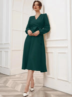 Green Belted Wrap Dress with Bishop Sleeves Surplice Neck High Waist & Flared Hem Midi Length