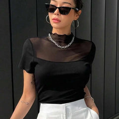 Istyle Can Black Contrast Mesh Mock Neck Tee Istyle Can