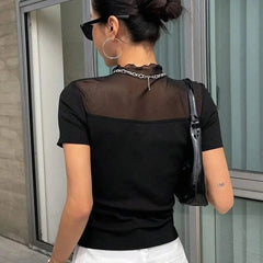 Istyle Can Black Contrast Mesh Mock Neck Tee Istyle Can