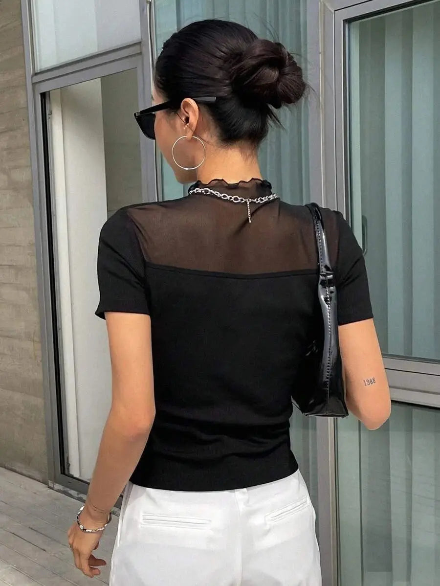 Istyle Can Black Contrast Mesh Mock Neck Tee Istyle Can