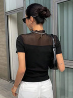 Istyle Can Black Contrast Mesh Mock Neck Tee Istyle Can