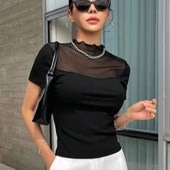 Istyle Can Black Contrast Mesh Mock Neck Tee Istyle Can