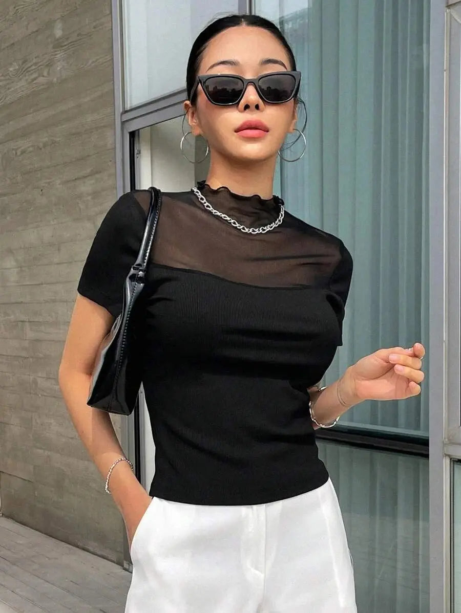 Istyle Can Black Contrast Mesh Mock Neck Tee Istyle Can