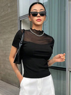 Istyle Can Black Contrast Mesh Mock Neck Tee Istyle Can