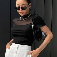 Istyle Can Black Contrast Mesh Mock Neck Tee Istyle Can