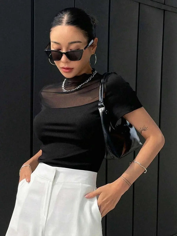 Istyle Can Black Contrast Mesh Mock Neck Tee Istyle Can