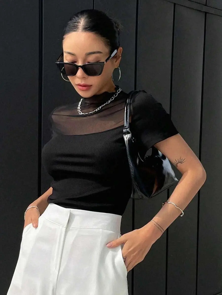 Istyle Can Black Contrast Mesh Mock Neck Tee Istyle Can