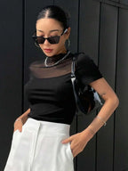 Istyle Can Black Contrast Mesh Mock Neck Tee Istyle Can