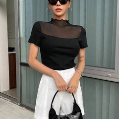 Istyle Can Black Contrast Mesh Mock Neck Tee Istyle Can