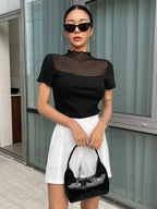 Istyle Can Black Contrast Mesh Mock Neck Tee Istyle Can