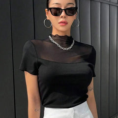 Istyle Can Black Contrast Mesh Mock Neck Tee Istyle Can