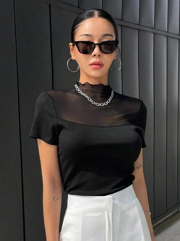 Istyle Can Black Contrast Mesh Mock Neck Tee Istyle Can