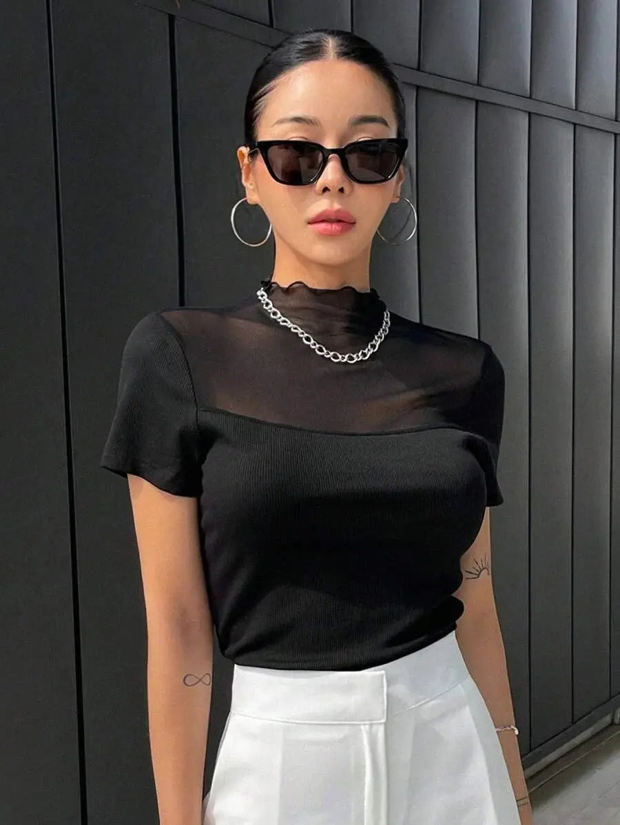 Istyle Can Black Contrast Mesh Mock Neck Tee Istyle Can