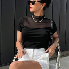 Istyle Can Black Contrast Mesh Mock Neck Tee Istyle Can
