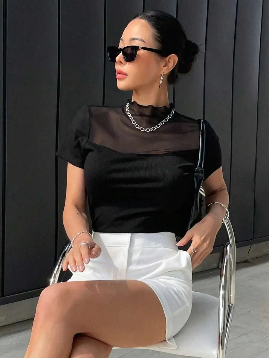 Istyle Can Black Contrast Mesh Mock Neck Tee Istyle Can