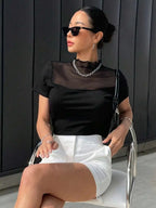 Istyle Can Black Contrast Mesh Mock Neck Tee Istyle Can