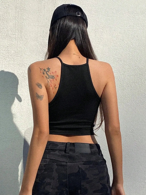 Womens Black Solid Ribbed Helter Neck Slim Fit Crop Tank Top Istyle Can