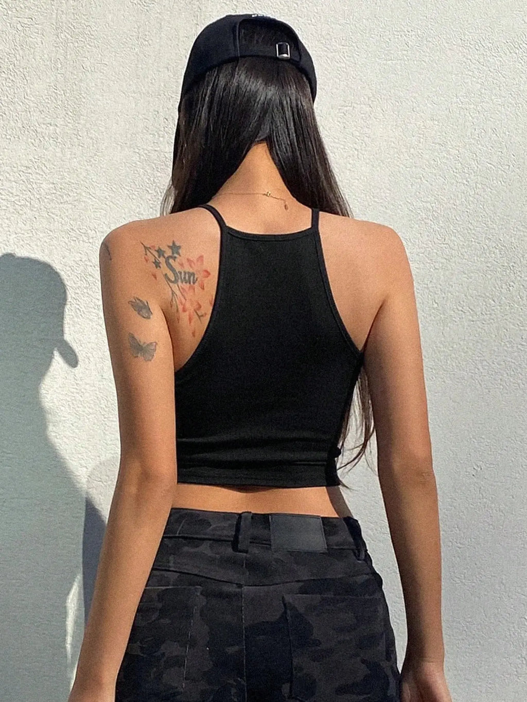 Womens Black Solid Ribbed Helter Neck Slim Fit Crop Tank Top Istyle Can