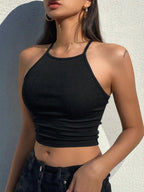 Womens Black Solid Ribbed Helter Neck Slim Fit Crop Tank Top Istyle Can