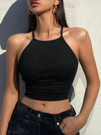 Womens Black Solid Ribbed Helter Neck Slim Fit Crop Tank Top Istyle Can