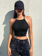Womens Black Solid Ribbed Helter Neck Slim Fit Crop Tank Top Istyle Can