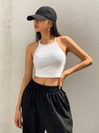 Womens White Solid Ribbed Helter Neck Slim Fit Crop Tank Top Istyle Can
