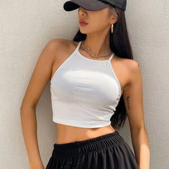 Womens White Solid Ribbed Helter Neck Slim Fit Crop Tank Top Istyle Can