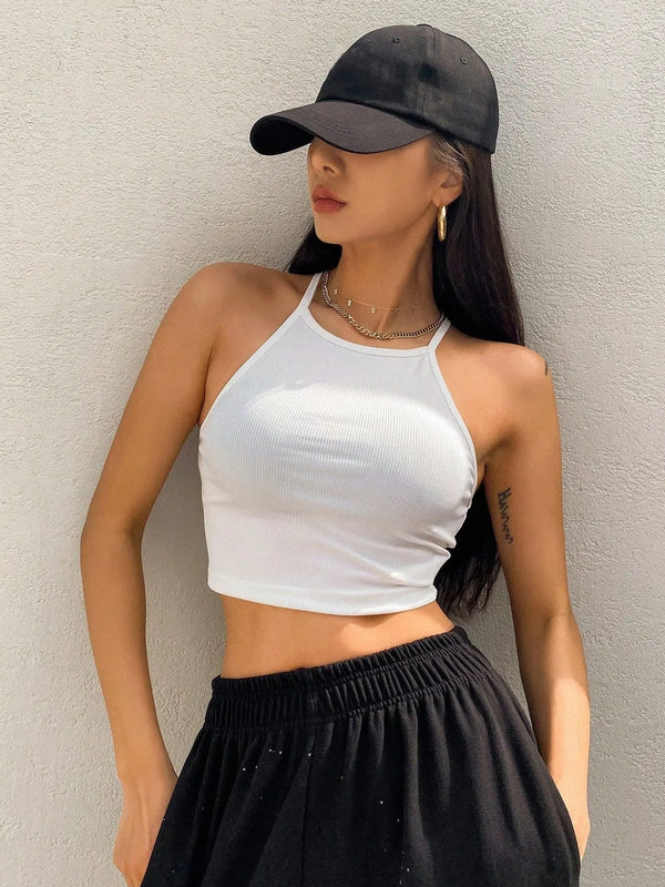 Womens White Solid Ribbed Helter Neck Slim Fit Crop Tank Top Istyle Can
