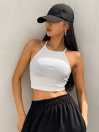 Womens White Solid Ribbed Helter Neck Slim Fit Crop Tank Top Istyle Can