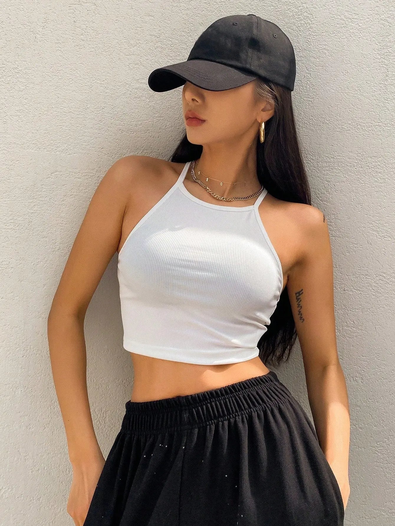Womens White Solid Ribbed Helter Neck Slim Fit Crop Tank Top Istyle Can