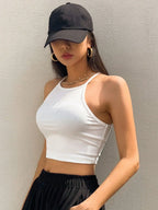 Womens White Solid Ribbed Helter Neck Slim Fit Crop Tank Top Istyle Can