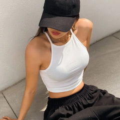 Womens White Solid Ribbed Helter Neck Slim Fit Crop Tank Top Istyle Can