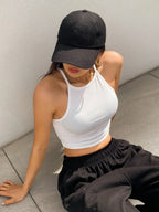 Womens White Solid Ribbed Helter Neck Slim Fit Crop Tank Top Istyle Can