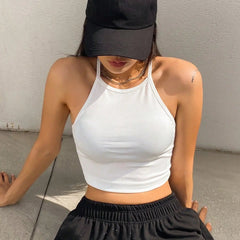 Womens White Solid Ribbed Helter Neck Slim Fit Crop Tank Top Istyle Can