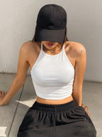 Womens White Solid Ribbed Helter Neck Slim Fit Crop Tank Top Istyle Can