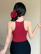 Womens Maroon Solid Ribbed Helter Neck Slim Fit Crop Tank Top Istyle Can