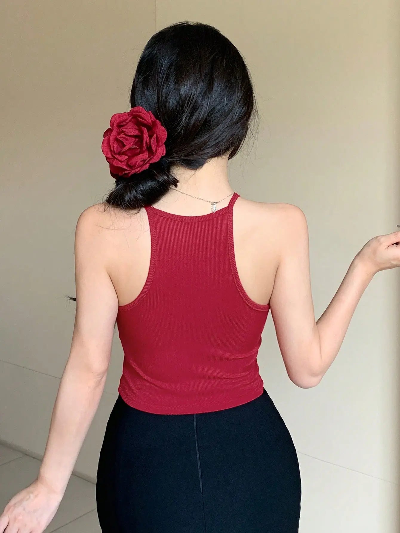 Womens Maroon Solid Ribbed Helter Neck Slim Fit Crop Tank Top Istyle Can