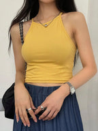 Womens Mustard Solid Ribbed Helter Neck Slim Fit Crop Tank Top Istyle Can