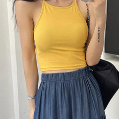 Womens Mustard Solid Ribbed Helter Neck Slim Fit Crop Tank Top Istyle Can