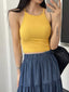 Womens Mustard Solid Ribbed Helter Neck Slim Fit Crop Tank Top Istyle Can
