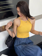 Womens Mustard Solid Ribbed Helter Neck Slim Fit Crop Tank Top Istyle Can