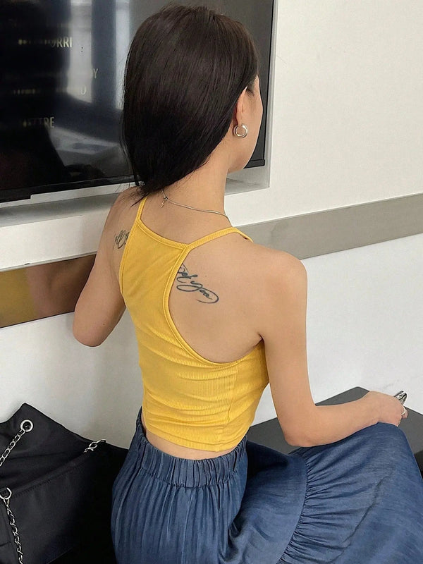 Womens Mustard Solid Ribbed Helter Neck Slim Fit Crop Tank Top Istyle Can