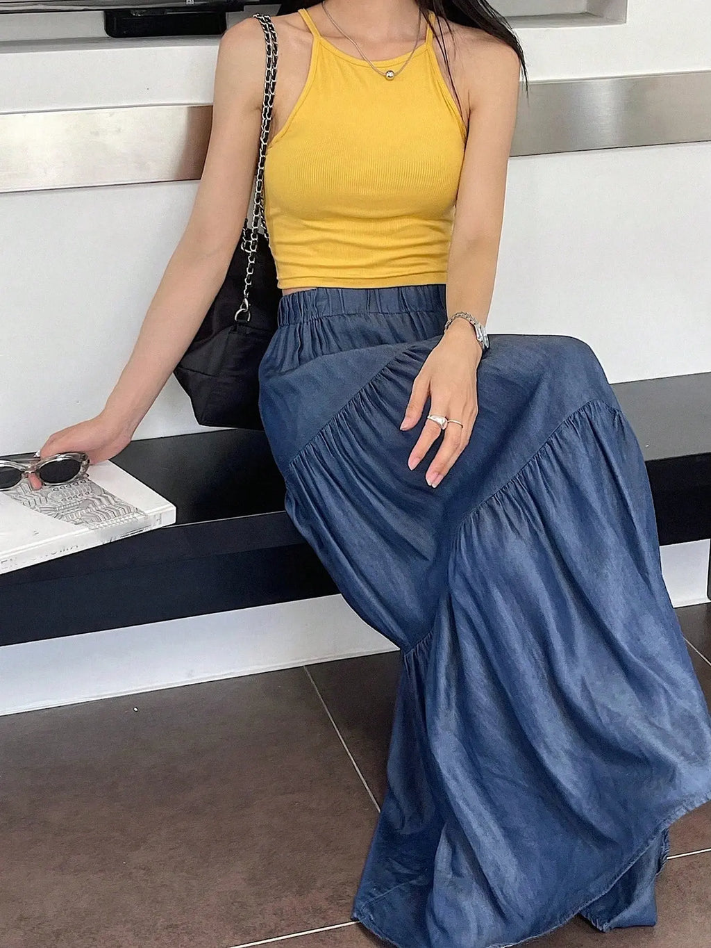 Womens Mustard Solid Ribbed Helter Neck Slim Fit Crop Tank Top Istyle Can