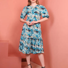 Teal Blue Printed Puff Sleeve Crepe Fit & Flare Midi Dress with Round Neck, Short Sleeves, Gathered Details, and Flared Hemline