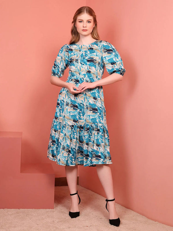 Teal Blue Printed Puff Sleeve Crepe Fit & Flare Midi Dress with Round Neck, Short Sleeves, Gathered Details, and Flared Hemline