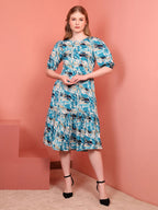Teal Blue Printed Puff Sleeve Crepe Fit & Flare Midi Dress with Round Neck, Short Sleeves, Gathered Details, and Flared Hemline