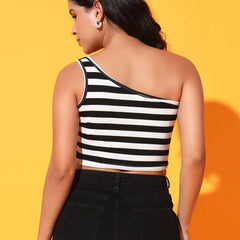 Black Striped Ribbed Sleeveless Single Shoulder Stretchable Slim Fit Crop Tank Top