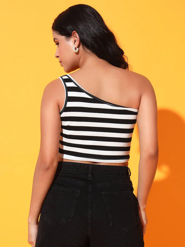 Black Striped Ribbed Sleeveless Single Shoulder Stretchable Slim Fit Crop Tank Top